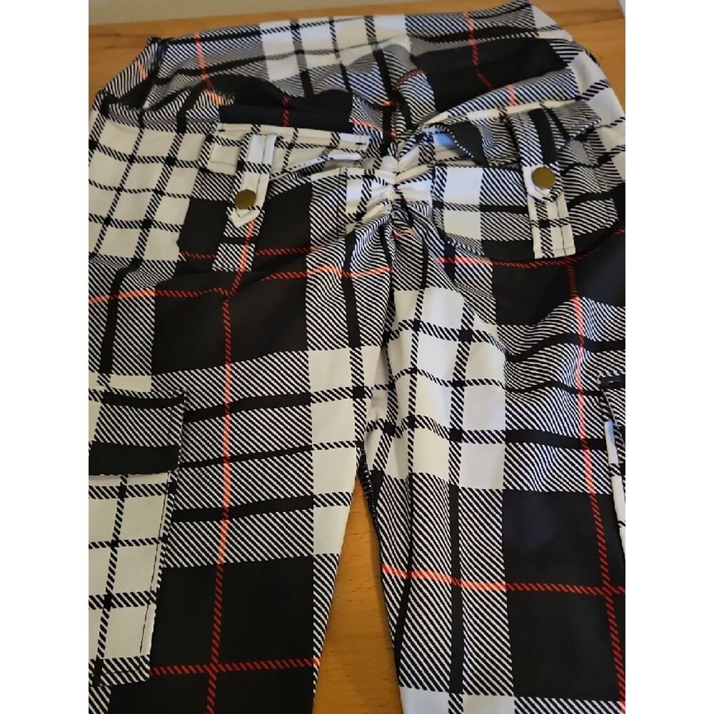 Minibeast XL Black & White Plaid Leggings with Red Stripe XL - Picture 7 of 7